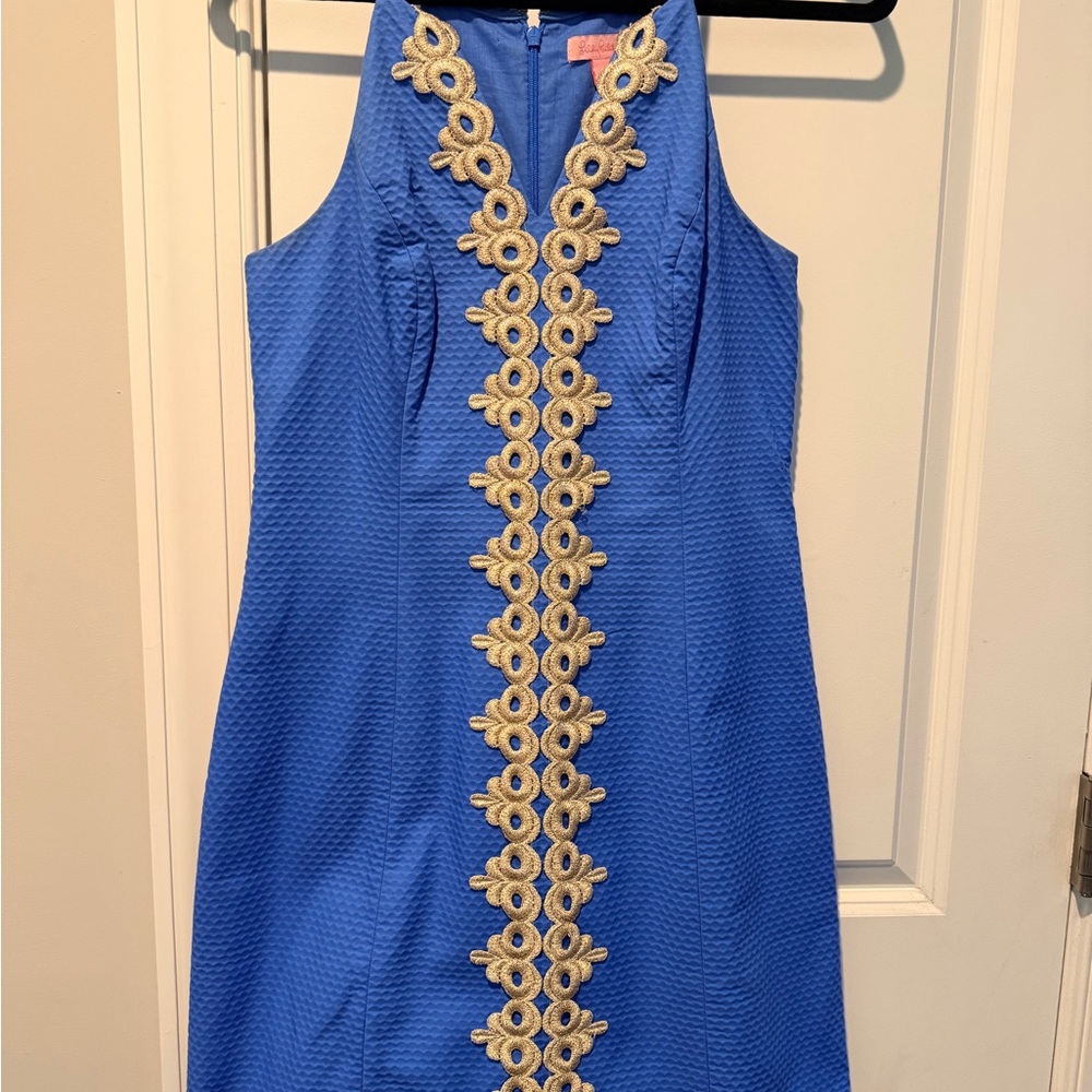 Blue Sleeveless Dress with Gold Trim